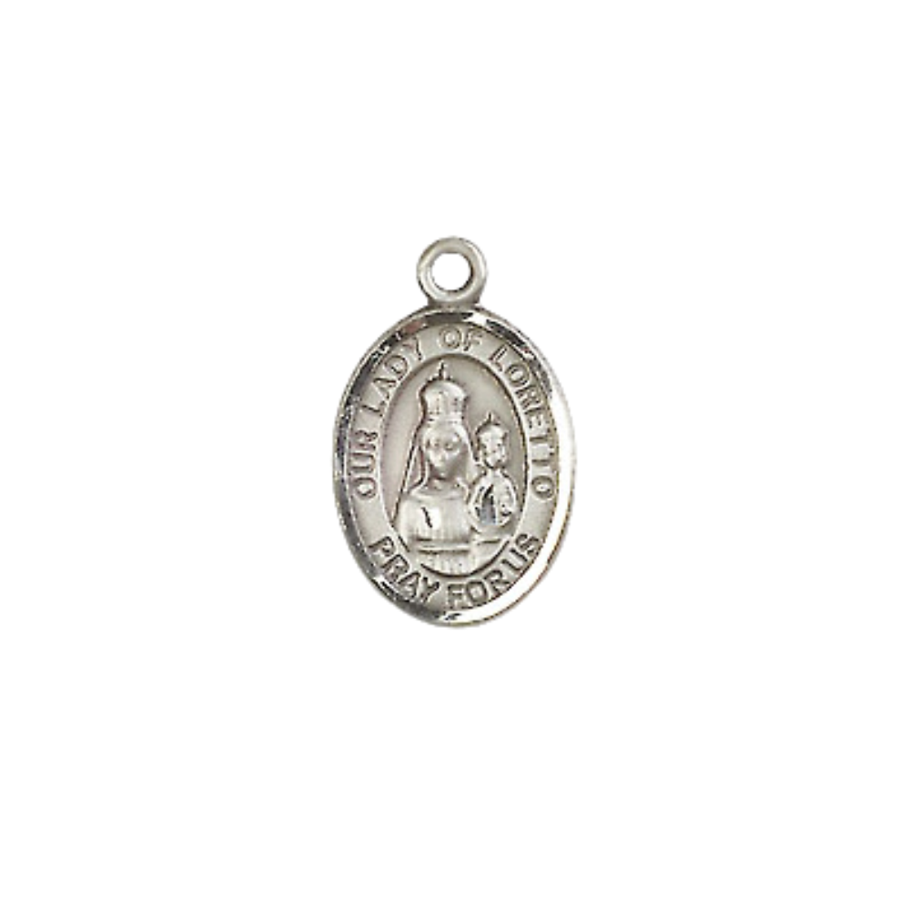 Small Sized Men's .925 Sterling Silver Our Lady of Loretto Medal Pendant on 24 Inch Endless Rhodium Plated Heavy Curb Brass Chain, Catholic Religious Necklace - Made in USA- Deluxe Velvet Gift Box