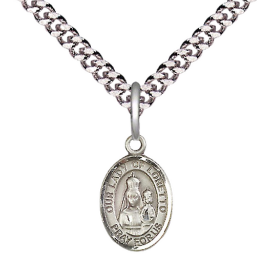 Small Sized Men's Pewter Our Lady of Loretto Medal Pendant on 24 Inch Endless Rhodium Plated Heavy Curb Brass Chain, Catholic Religious Necklace - Made in USA- Deluxe Velvet Gift Box