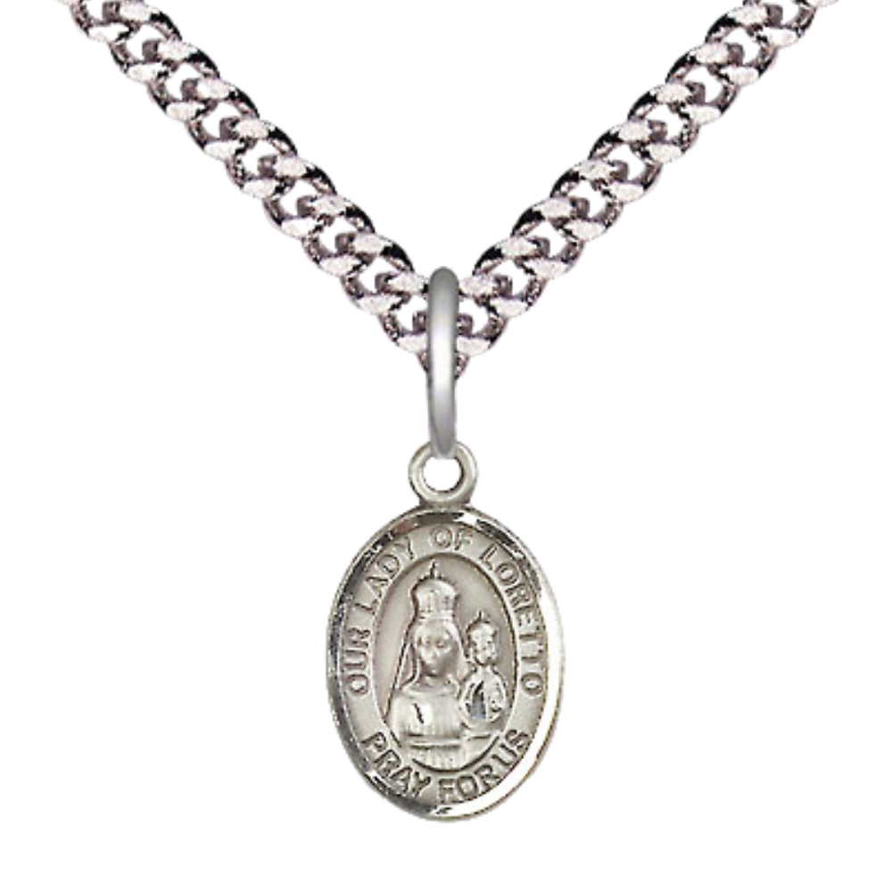Small Sized Men's .925 Sterling Silver Our Lady of Loretto Medal Pendant on 24 Inch Endless Rhodium Plated Heavy Curb Brass Chain, Catholic Religious Necklace - Made in USA- Deluxe Velvet Gift Box