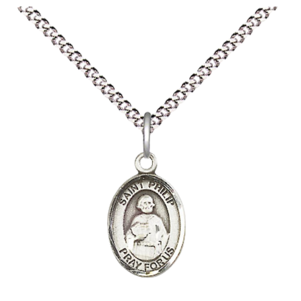 Small Sized Women's .925 Sterling Silver Saint St. Philip the Apostle Medal Pendant on 18 Inch Rhodium Plated Lite Curb Brass Chain w/ Lobster Claw Clasp, Catholic Religious Necklace - Made in USA- Velvet Gift Box