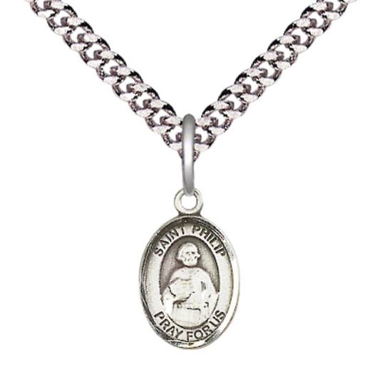 Small Sized Men's .925 Sterling Silver Saint St. Philip the Apostle Medal Pendant on 24 Inch Endless Rhodium Plated Heavy Curb Brass Chain, Catholic Religious Necklace - Made in USA- Deluxe Velvet Gift Box