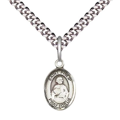 Small Sized Men's .925 Sterling Silver Saint St. Philip the Apostle Medal Pendant on 24 Inch Endless Rhodium Plated Heavy Curb Brass Chain, Catholic Religious Necklace - Made in USA- Deluxe Velvet Gift Box