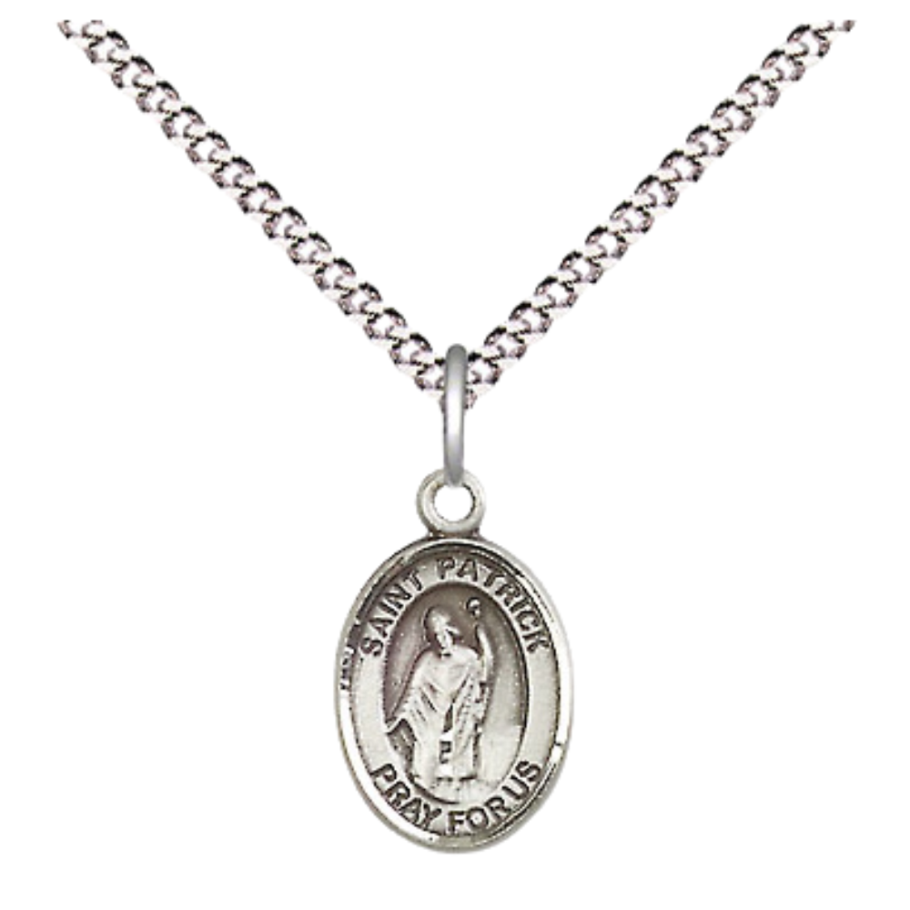 Small Sized Women's Pewter Saint St. Patrick Medal Pendant on 18 Inch Rhodium Plated Lite Curb Brass Chain with Lobster Claw Clasp, Catholic Religious Necklace - Made in USA- Velvet Gift Box