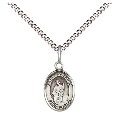 Small Sized Women's .925 Sterling Silver Saint St. Patrick Medal Pendant on 18 Inch Rhodium Plated Lite Curb Brass Chain with Lobster Claw Clasp, Catholic Religious Necklace - Made in USA- Velvet Gift Box