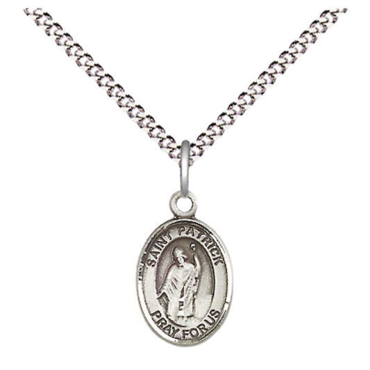 Small Sized Women's .925 Sterling Silver Saint St. Patrick Medal Pendant on 18 Inch Rhodium Plated Lite Curb Brass Chain with Lobster Claw Clasp, Catholic Religious Necklace - Made in USA- Velvet Gift Box