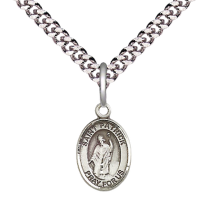 Small Sized Men's Pewter Saint St. Patrick Medal Pendant on 24 Inch Endless Rhodium Plated Heavy Curb Brass Chain, Catholic Religious Necklace - Made in USA- Deluxe Velvet Gift Box
