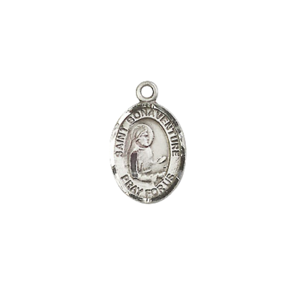 Small Sized Women's Pewter Saint St. Bonaventure Medal Pendant on 18 Inch Rhodium Plated Lite Curb Brass Chain with Lobster Claw Clasp, Catholic Religious Necklace - Made in USA- Velvet Gift Box