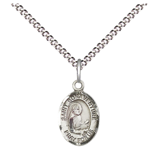 Small Sized Women's Pewter Saint St. Bonaventure Medal Pendant on 18 Inch Rhodium Plated Lite Curb Brass Chain with Lobster Claw Clasp, Catholic Religious Necklace - Made in USA- Velvet Gift Box