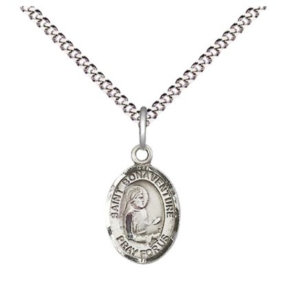Small Sized Women's Pewter Saint St. Bonaventure Medal Pendant on 18 Inch Rhodium Plated Lite Curb Brass Chain with Lobster Claw Clasp, Catholic Religious Necklace - Made in USA- Velvet Gift Box