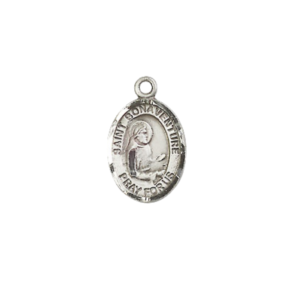 Small Sized Men's Pewter Saint St. Bonaventure Medal Pendant on 24 Inch Endless Rhodium Plated Heavy Curb Brass Chain, Catholic Religious Necklace - Made in USA- Deluxe Velvet Gift Box