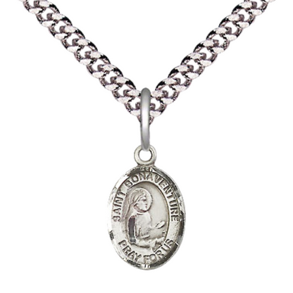 Small Sized Men's Pewter Saint St. Bonaventure Medal Pendant on 24 Inch Endless Rhodium Plated Heavy Curb Brass Chain, Catholic Religious Necklace - Made in USA- Deluxe Velvet Gift Box