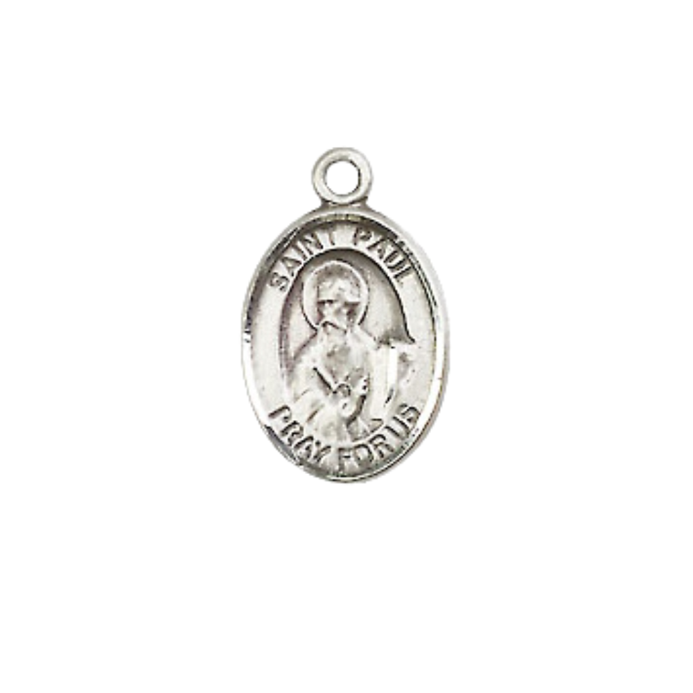 Small Sized Women's Pewter Saint Paul the Apostle Medal Pendant on 18 Inch Rhodium Plated Lite Curb Brass Chain with Lobster Claw Clasp, Catholic Religious Necklace - Made in USA- Velvet Gift Box