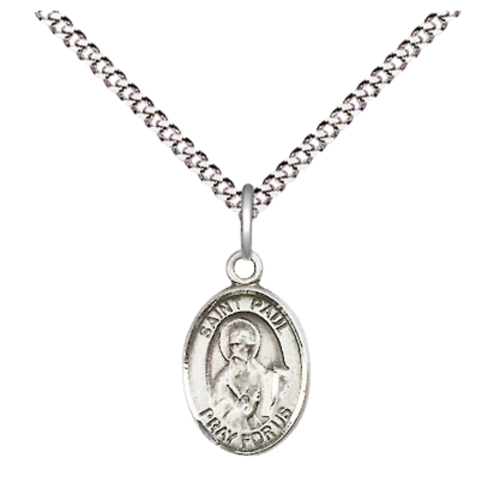 Small Sized Women's Pewter Saint Paul the Apostle Medal Pendant on 18 Inch Rhodium Plated Lite Curb Brass Chain with Lobster Claw Clasp, Catholic Religious Necklace - Made in USA- Velvet Gift Box
