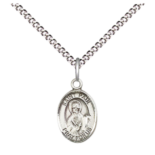 Small Sized Women's .925 Sterling Silver Saint St. Paul the Apostle Medal Pendant on 18 Inch Rhodium Plated Lite Curb Brass Chain with Lobster Claw Clasp, Catholic Religious Necklace - Made in USA- Velvet Gift Box