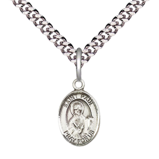 Small Sized Men's Pewter Saint St. Paul the Apostle Medal Pendant on 24 Inch Endless Rhodium Plated Heavy Curb Brass Chain, Catholic Religious Necklace - Made in USA- Deluxe Velvet Gift Box