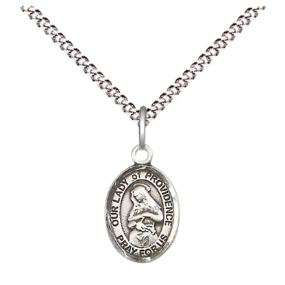 Small Sized Women's .925 Sterling Silver Our Lady of Providence Medal Pendant on 18 Inch Rhodium Plated Lite Curb Brass Chain with Lobster Claw Clasp, Catholic Religious Necklace - Made in USA- Velvet Gift Box