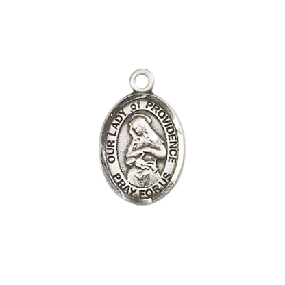 Small Sized Women's .925 Sterling Silver Our Lady of Providence Medal Pendant on 18 Inch Rhodium Plated Lite Curb Brass Chain with Lobster Claw Clasp, Catholic Religious Necklace - Made in USA- Velvet Gift Box