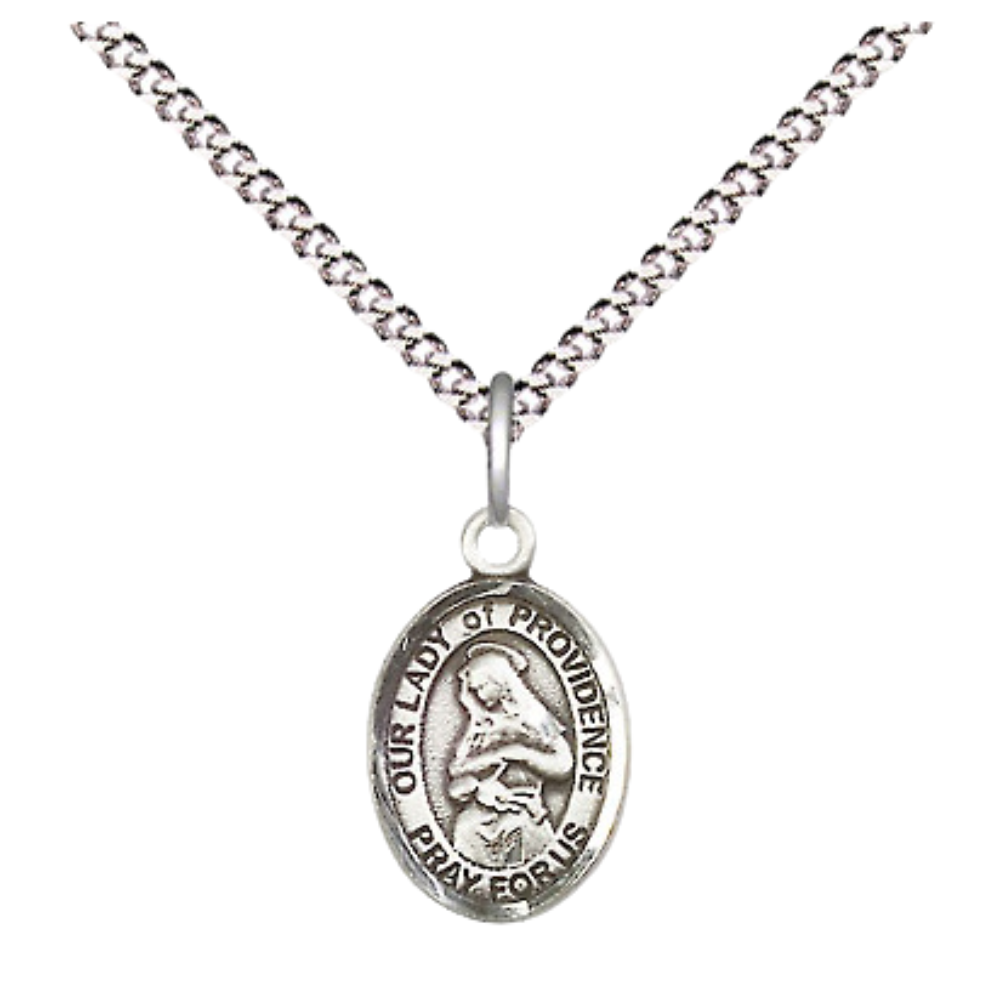 Small Sized Women's Pewter Our Lady of Providence Medal Pendant on 18 Inch Rhodium Plated Lite Curb Brass Chain with Lobster Claw Clasp, Catholic Religious Necklace - Made in USA- Velvet Gift Box