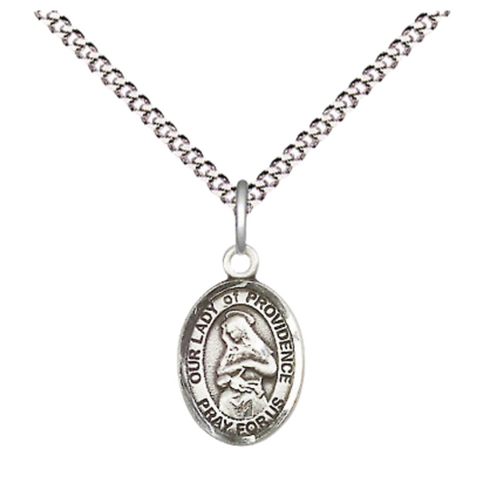 Small Sized Women's Pewter Our Lady of Providence Medal Pendant on 18 Inch Rhodium Plated Lite Curb Brass Chain with Lobster Claw Clasp, Catholic Religious Necklace - Made in USA- Velvet Gift Box
