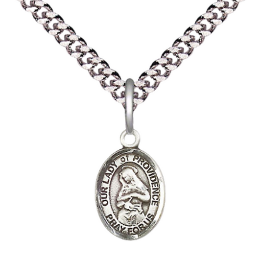 Small Sized Men's Pewter Our Lady of Providence Medal Pendant on 24 Inch Endless Rhodium Plated Heavy Curb Brass Chain, Catholic Religious Necklace - Made in USA- Deluxe Velvet Gift Box