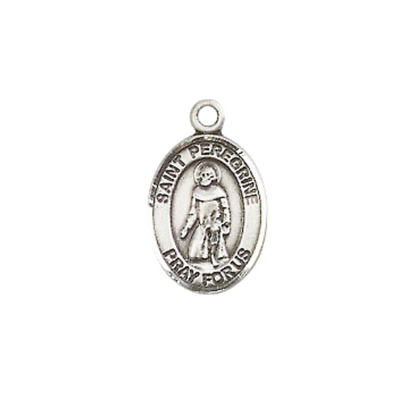 Small Sized Women's Pewter Saint St. Peregrine Laziosi Medal Pendant on 18 Inch Rhodium Plated Lite Curb Brass Chain with Lobster Claw Clasp, Catholic Religious Necklace - Made in USA- Velvet Gift Box