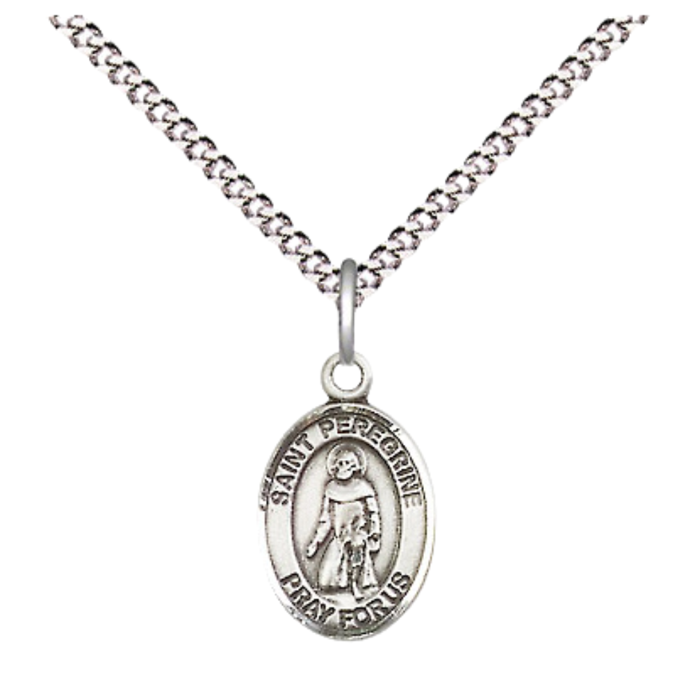 Small Sized Women's .925 Sterling Silver Saint Peregrine Laziosi Medal Pendant on 18 Inch Rhodium Plated Lite Curb Brass Chain with Lobster Claw Clasp, Catholic Religious Necklace - Made in USA- Velvet Gift Box