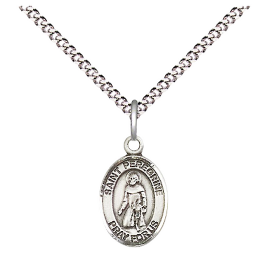 Small Sized Women's .925 Sterling Silver Saint Peregrine Laziosi Medal Pendant on 18 Inch Rhodium Plated Lite Curb Brass Chain with Lobster Claw Clasp, Catholic Religious Necklace - Made in USA- Velvet Gift Box