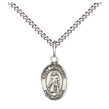 Small Sized Women's Pewter Saint St. Peregrine Laziosi Medal Pendant on 18 Inch Rhodium Plated Lite Curb Brass Chain with Lobster Claw Clasp, Catholic Religious Necklace - Made in USA- Velvet Gift Box