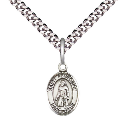 Small Sized Men's Pewter Saint St. Peregrine Laziosi Medal Pendant on 24 Inch Endless Rhodium Plated Heavy Curb Brass Chain, Catholic Religious Necklace - Made in USA- Deluxe Velvet Gift Box