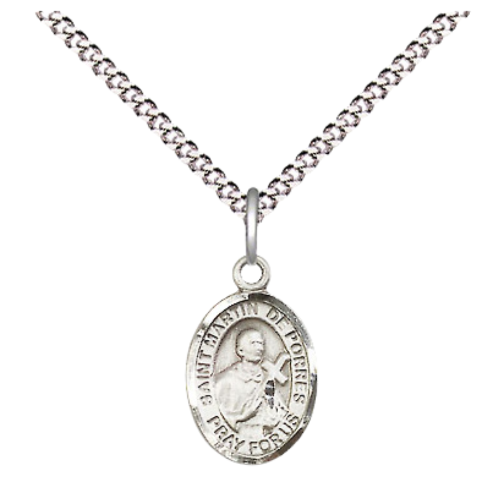 Small Sized Women's Pewter Saint St. Martin de Porres Medal Pendant on 18 Inch Rhodium Plated Lite Curb Brass Chain with Lobster Claw Clasp, Catholic Religious Necklace - Made in USA- Velvet Gift Box