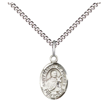 Small Sized Women's Pewter Saint St. Martin de Porres Medal Pendant on 18 Inch Rhodium Plated Lite Curb Brass Chain with Lobster Claw Clasp, Catholic Religious Necklace - Made in USA- Velvet Gift Box