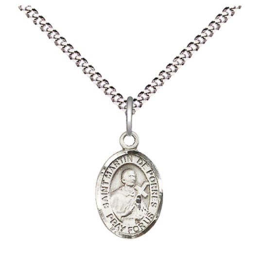 Small Sized Women's Pewter Saint St. Martin de Porres Medal Pendant on 18 Inch Rhodium Plated Lite Curb Brass Chain with Lobster Claw Clasp, Catholic Religious Necklace - Made in USA- Velvet Gift Box