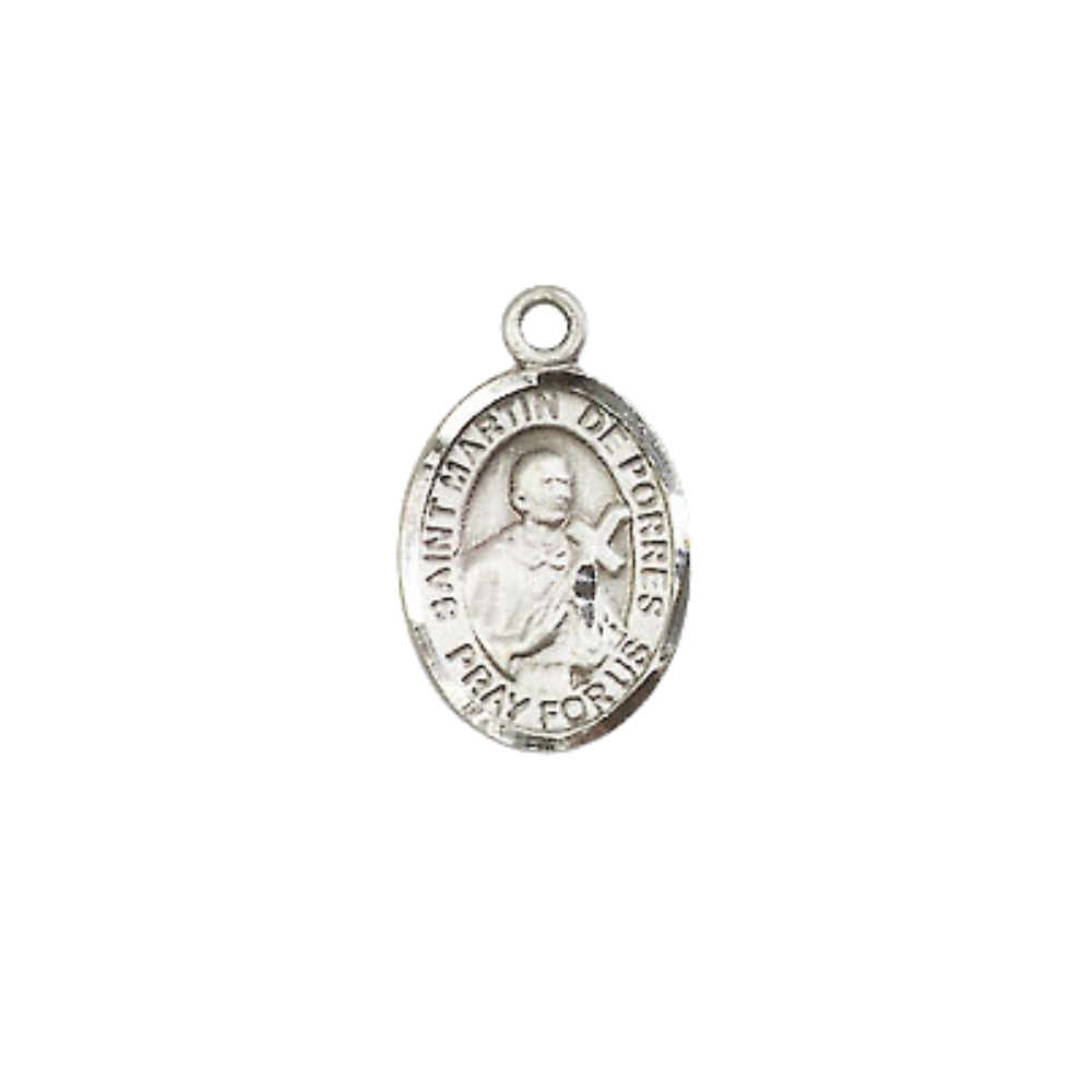 Small Sized Men's Pewter Saint St. Martin de Porres Medal Pendant on 24 Inch Endless Rhodium Plated Heavy Curb Brass Chain, Catholic Religious Necklace - Made in USA- Deluxe Velvet Gift Box