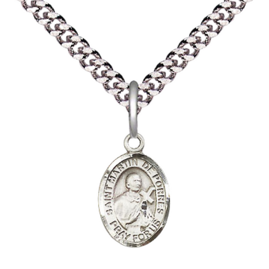 Small Sized Men's .925 Sterling Silver Saint St. Martin de Porres Medal Pendant on 24 Inch Endless Rhodium Plated Heavy Curb Brass Chain, Catholic Religious Necklace - Made in USA- Deluxe Velvet Gift Box