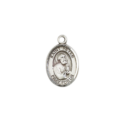 Small Sized Women's Pewter Saint St. Peter the Apostle Medal Pendant on 18 Inch Rhodium Plated Lite Curb Brass Chain with Lobster Claw Clasp, Catholic Religious Necklace - Made in USA- Velvet Gift Box