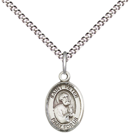 Small Sized Women's .925 Sterling Silver Saint St. Peter the Apostle Medal Pendant on 18 Inch Rhodium Plated Lite Curb Brass Chain with Lobster Claw Clasp, Catholic Religious Necklace - Made in USA- Velvet Gift Box