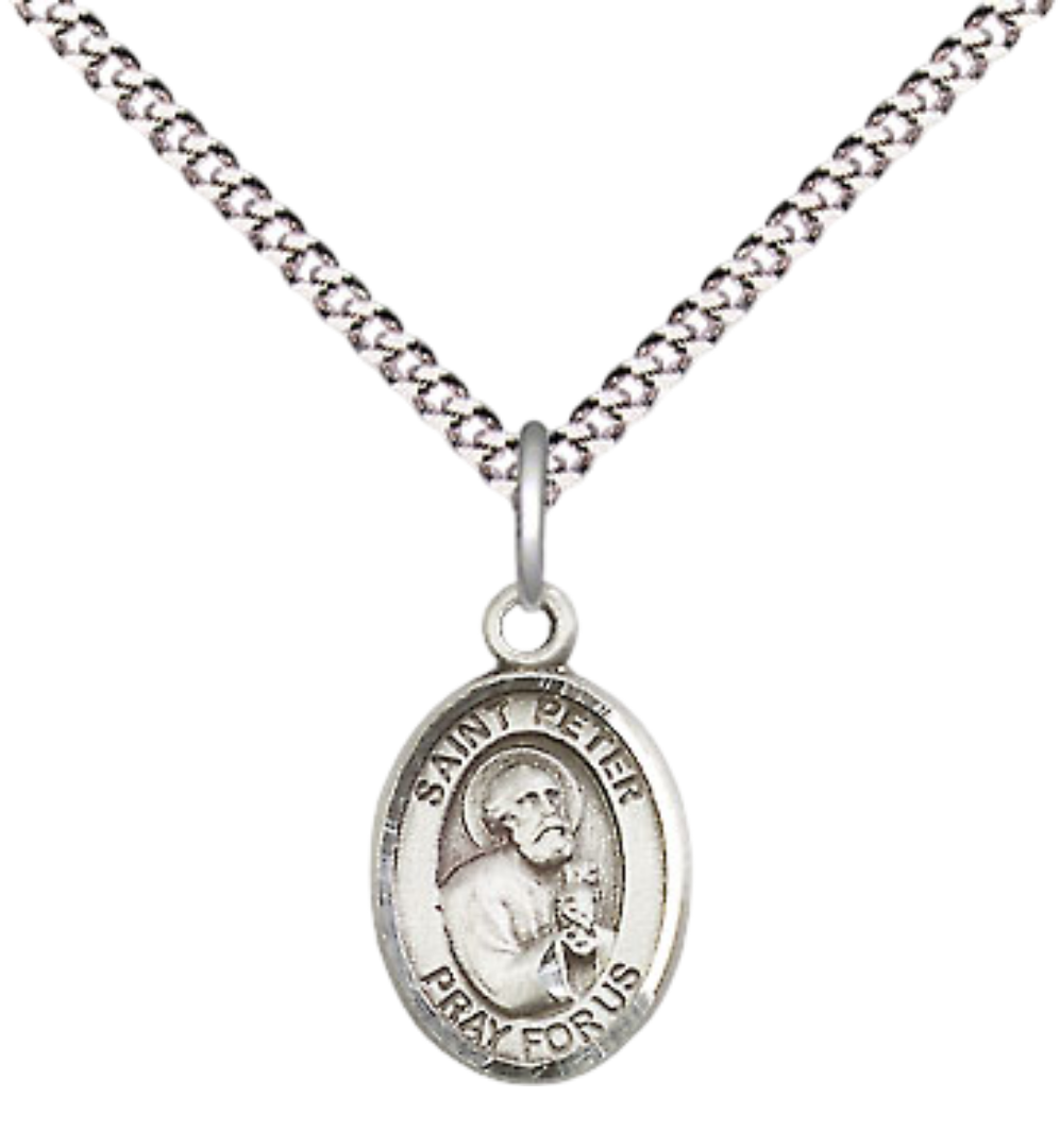 Small Sized Women's Pewter Saint St. Peter the Apostle Medal Pendant on 18 Inch Rhodium Plated Lite Curb Brass Chain with Lobster Claw Clasp, Catholic Religious Necklace - Made in USA- Velvet Gift Box