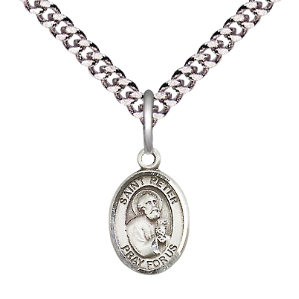 Small Sized Men's Pewter Saint St. Peter the Apostle Medal Pendant on 24 Inch Endless Rhodium Plated Heavy Curb Brass Chain, Catholic Religious Necklace - Made in USA- Deluxe Velvet Gift Box