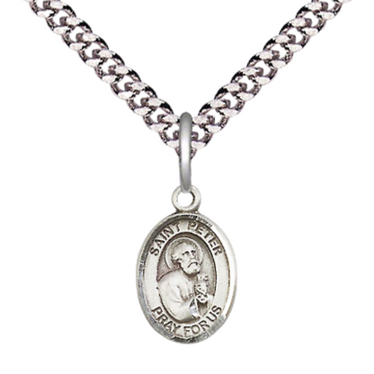 Small Sized Men's Pewter Saint St. Peter the Apostle Medal Pendant on 24 Inch Endless Rhodium Plated Heavy Curb Brass Chain, Catholic Religious Necklace - Made in USA- Deluxe Velvet Gift Box