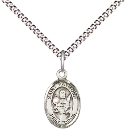 Small Sized .925 Sterling Silver Saint St. Raymond Nonnatus Medal Pendant on 18 Inch Rhodium Plated Lite Curb Brass Chain with Lobster Claw Clasp, Catholic Religious Necklace - Made in USA- Velvet Gift Box