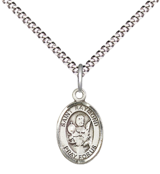 Small Sized Women's Pewter Saint St. Raymond Nonnatus Medal Pendant on 18 Inch Rhodium Plated Lite Curb Brass Chain with Lobster Claw Clasp, Catholic Religious Necklace - Made in USA- Velvet Gift Box