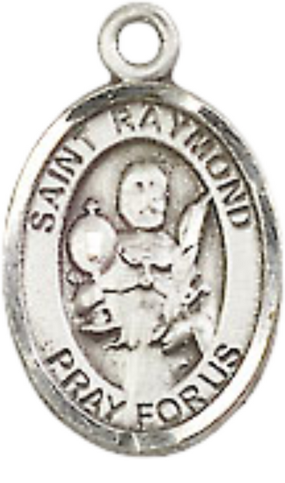 Small Sized Women's Pewter Saint St. Raymond Nonnatus Medal Pendant on 18 Inch Rhodium Plated Lite Curb Brass Chain with Lobster Claw Clasp, Catholic Religious Necklace - Made in USA- Velvet Gift Box