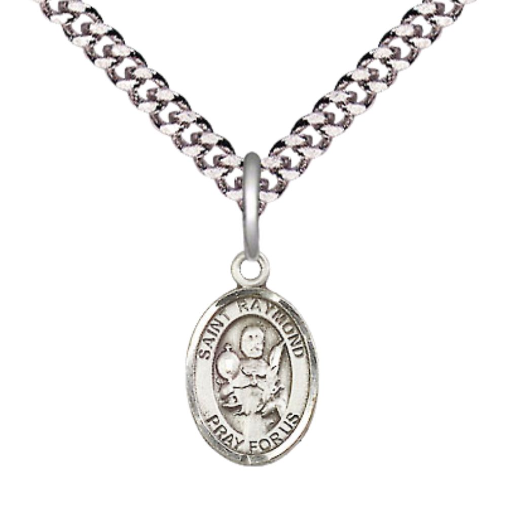 Small Sized Men's .925 Sterling Silver Saint St. Raymond Nonnatus Medal Pendant on 24 Inch Endless Rhodium Plated Heavy Curb Brass Chain, Catholic Religious Necklace - Made in USA- Deluxe Velvet Gift Box