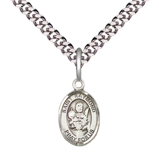 Small Sized Men's .925 Sterling Silver Saint St. Raymond Nonnatus Medal Pendant on 24 Inch Endless Rhodium Plated Heavy Curb Brass Chain, Catholic Religious Necklace - Made in USA- Deluxe Velvet Gift Box