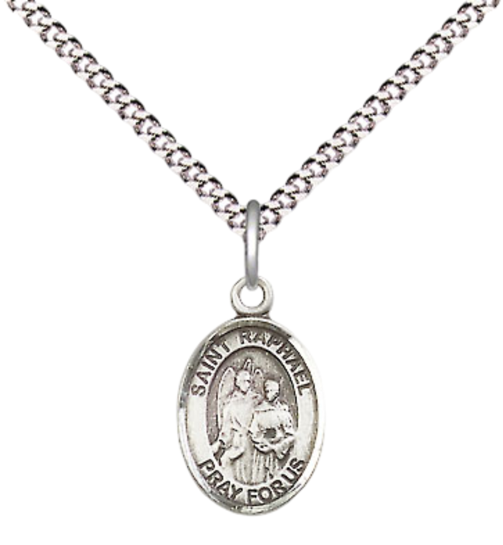 Small Sized Women's Pewter Saint St. Raphael the Archangel Medal Pendant on 18 Inch Rhodium Plated Lite Curb Brass Chain with Lobster Claw Clasp, Catholic Religious Necklace - Made in USA- Velvet Gift Box