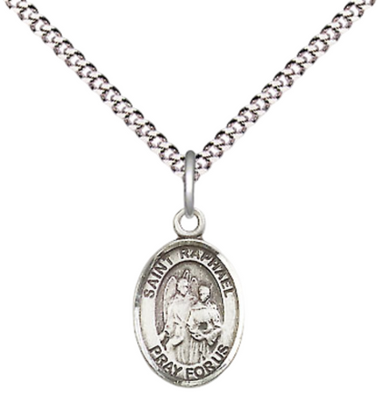 Small Sized Women's Pewter Saint St. Raphael the Archangel Medal Pendant on 18 Inch Rhodium Plated Lite Curb Brass Chain with Lobster Claw Clasp, Catholic Religious Necklace - Made in USA- Velvet Gift Box