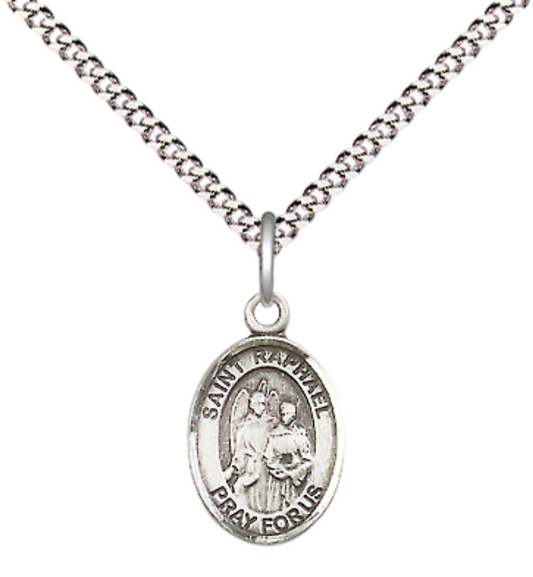 Small Sized Women's Pewter Saint St. Raphael the Archangel Medal Pendant on 18 Inch Rhodium Plated Lite Curb Brass Chain with Lobster Claw Clasp, Catholic Religious Necklace - Made in USA- Velvet Gift Box