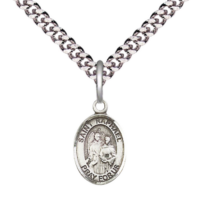 Small Sized Men's Pewter Saint St. Raphael the Archangel Medal Pendant on 24 Inch Endless Rhodium Plated Heavy Curb Brass Chain, Catholic Religious Necklace - Made in USA- Deluxe Velvet Gift Box