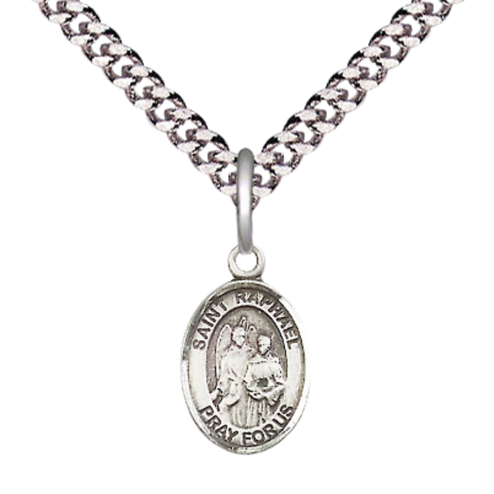 Small Sized Men's .925 Sterling Silver Saint St. Raphael the Archangel Medal Pendant on 24 Inch Endless Rhodium Plated Heavy Curb Brass Chain, Catholic Religious Necklace - Made in USA- Deluxe Velvet Gift Box