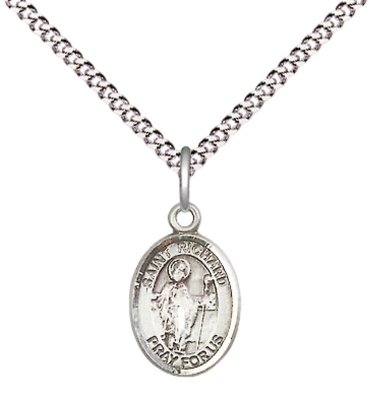 Small Sized Women's Pewter Saint St. Richard Medal Pendant on 18 Inch Rhodium Plated Lite Curb Brass Chain with Lobster Claw Clasp, Catholic Religious Necklace - Made in USA- Velvet Gift Box